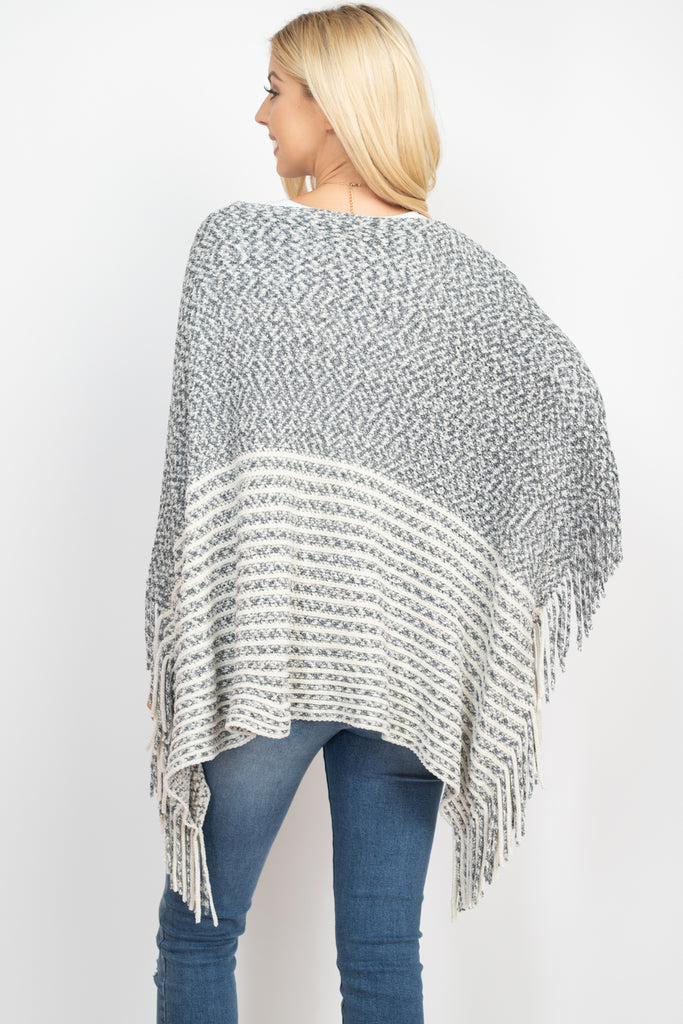 KNITTED TWO TONE STRIPED FRINGE PONCHO
