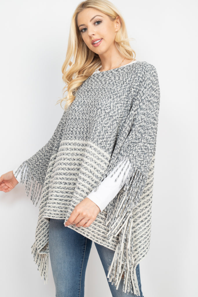 KNITTED TWO TONE STRIPED FRINGE PONCHO