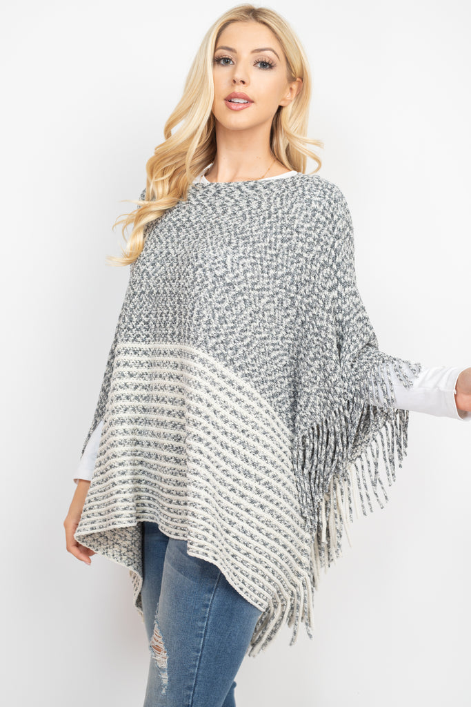KNITTED TWO TONE STRIPED FRINGE PONCHO