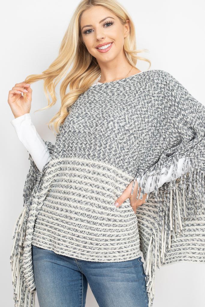 KNITTED TWO TONE STRIPED FRINGE PONCHO