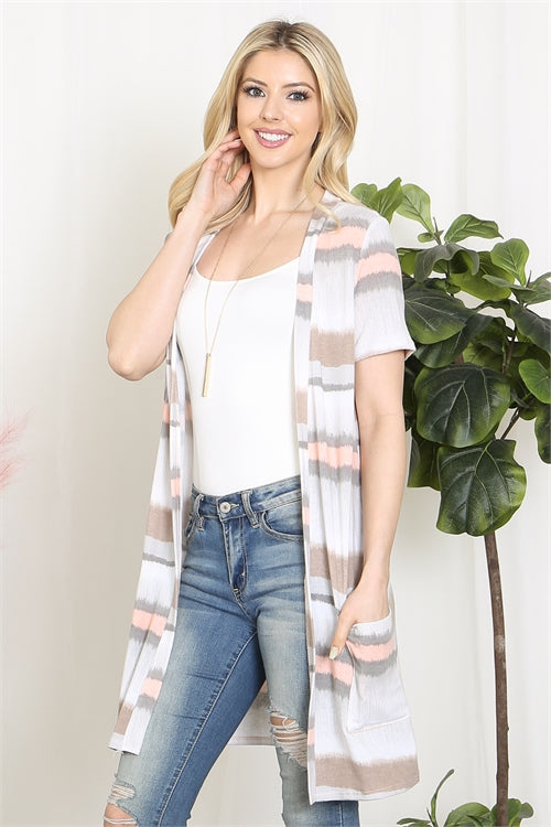 Tie Dye Short Sleeve Open Front Cardigan With Pockets