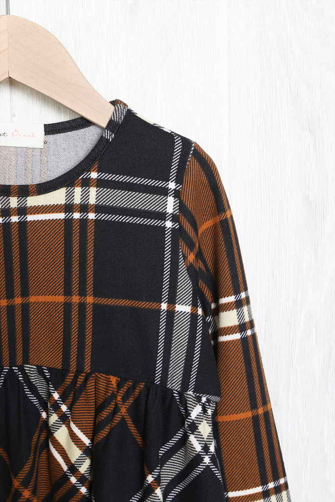 Kids Long Sleeve Cinch Waist Plaid Dress