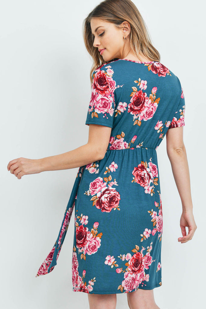 Surplice Neckline Ribbon Detail Floral Dress