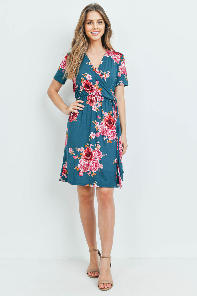 Surplice Neckline Ribbon Detail Floral Dress