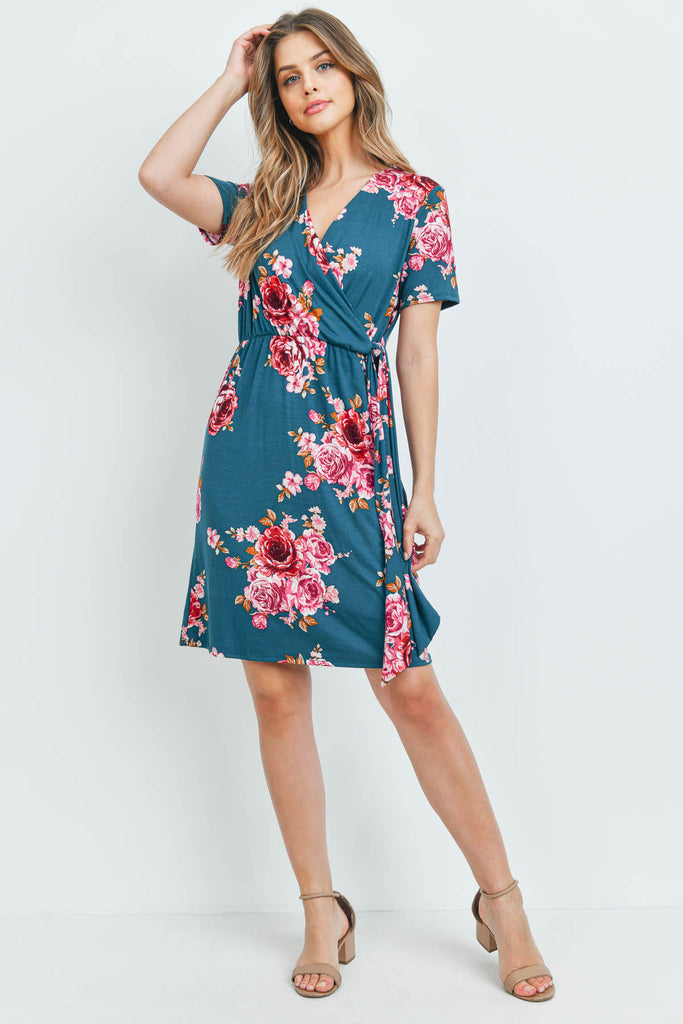 Surplice Neckline Ribbon Detail Floral Dress