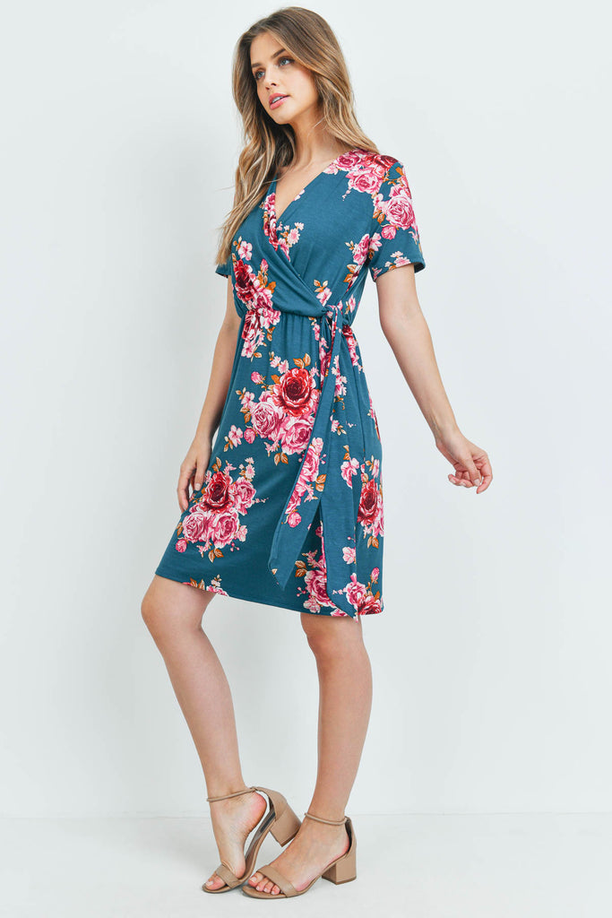 Surplice Neckline Ribbon Detail Floral Dress
