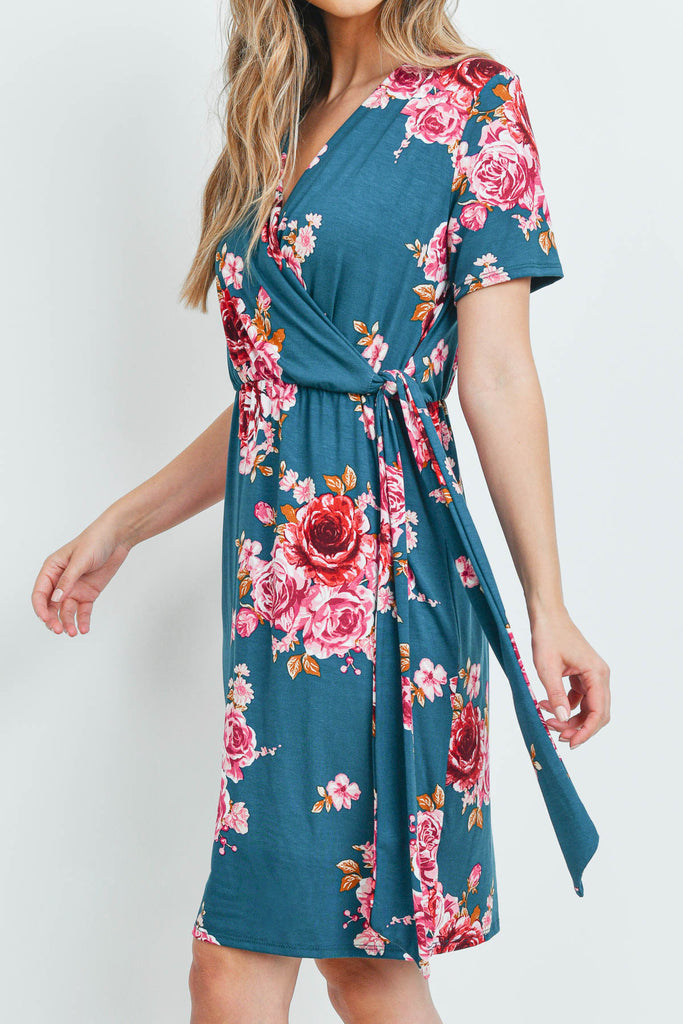 Surplice Neckline Ribbon Detail Floral Dress