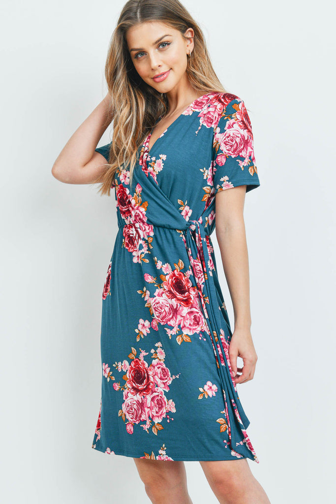 Surplice Neckline Ribbon Detail Floral Dress