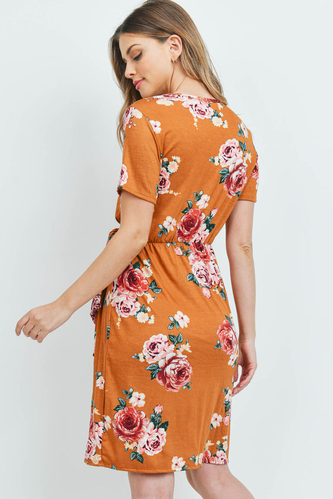 Surplice Neckline Ribbon Detail Floral Dress