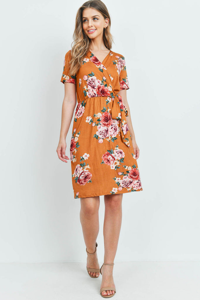 Surplice Neckline Ribbon Detail Floral Dress