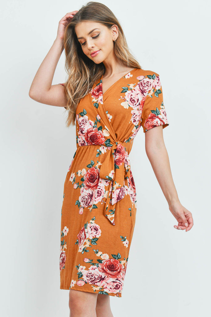 Surplice Neckline Ribbon Detail Floral Dress