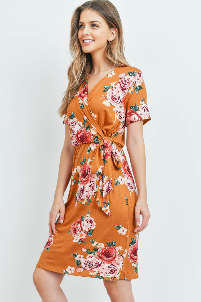 Surplice Neckline Ribbon Detail Floral Dress