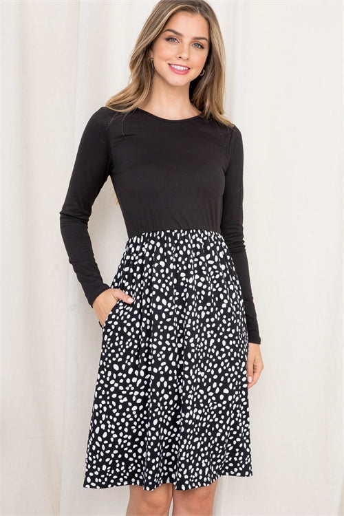 Solid Long Sleeve Top Dalmatian Print Dress