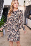 Leopard Long Sleeve Ribbon Elastic Waist Dress