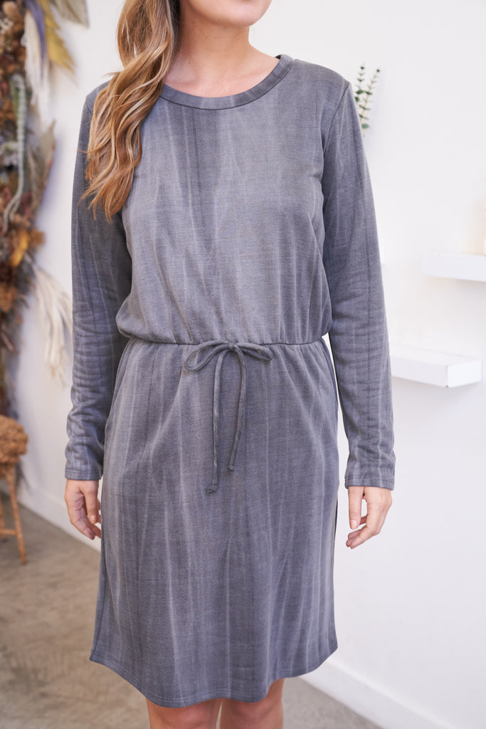 Long Sleeve Elastic Waist Washed Dress