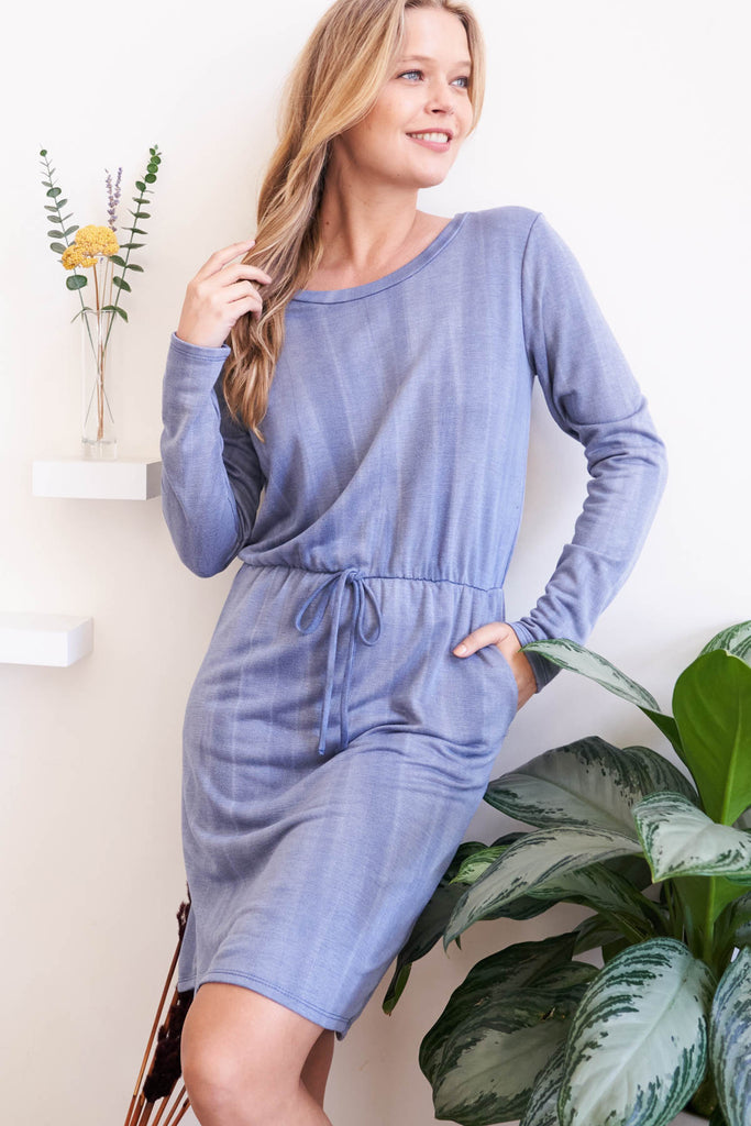 Long Sleeve Elastic Waist Washed Dress