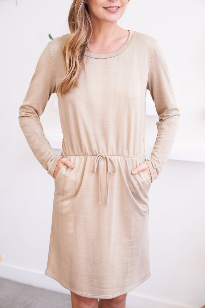 Long Sleeve Elastic Waist Washed Dress