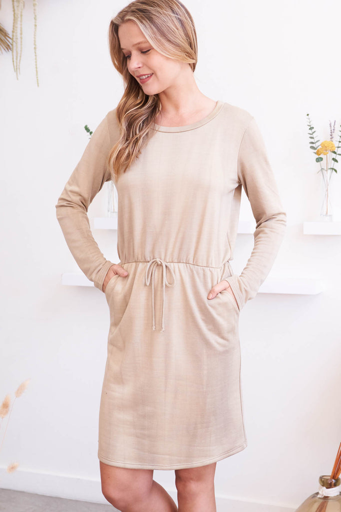 Long Sleeve Elastic Waist Washed Dress