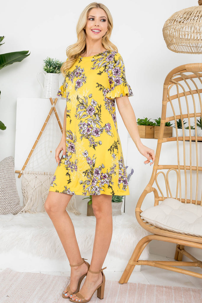 Print Ruffled Sleeve Pocket Dress