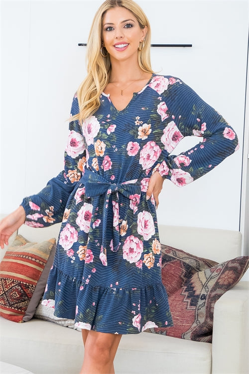 Notch Neckline Rib Floral Ribbon Detail Dress