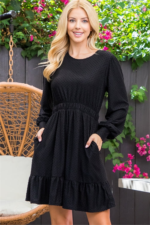 Swiss Dot Long Sleeve Ruffle Hem Dress