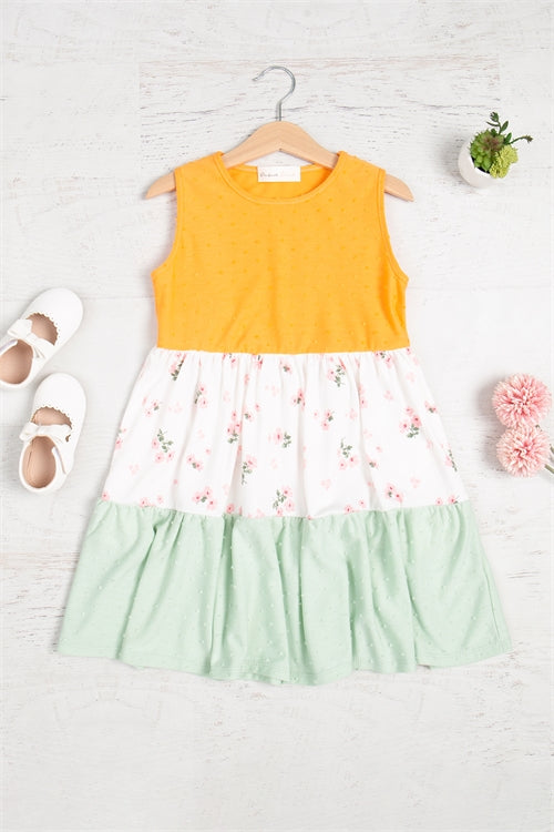 Kids Swiss Dot Color Block Floral Dress