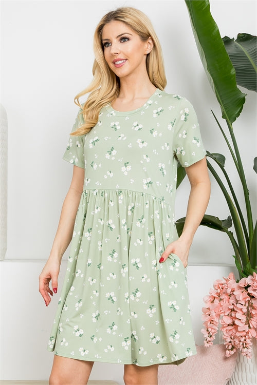 Short Sleeve Floral Shirring Waist Dress