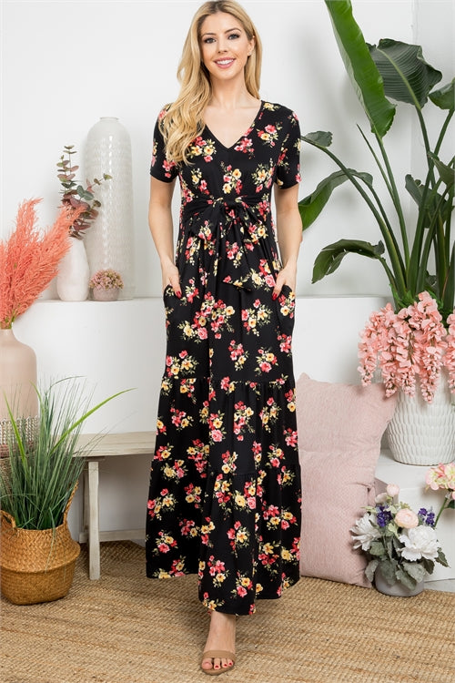 Floral Plunging Neckline Ribbon Detail Maxi Dress