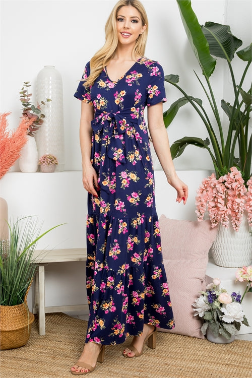 Floral Plunging Neckline Ribbon Detail Maxi Dress