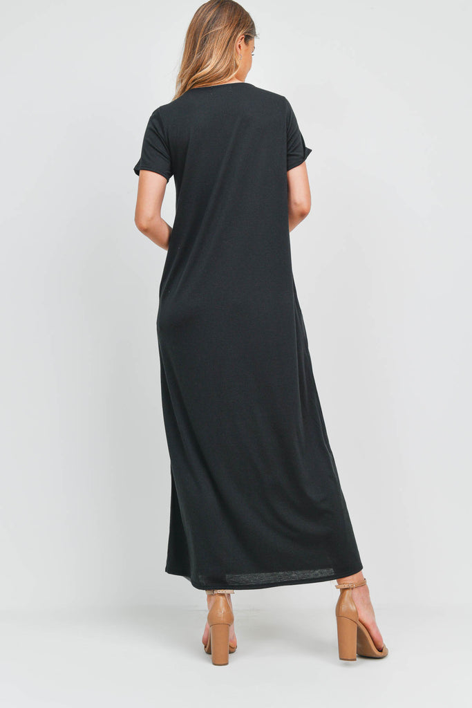 Solid Neck Detail Side Slit Pocket Dress