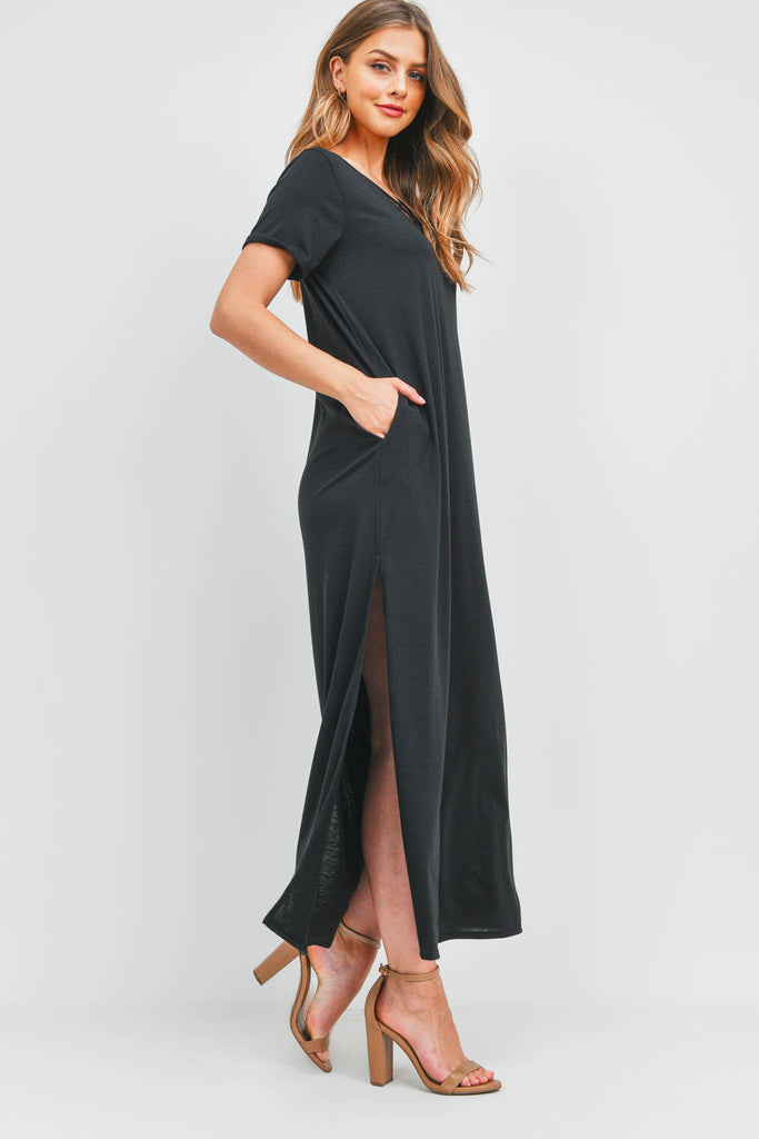 Solid Neck Detail Side Slit Pocket Dress