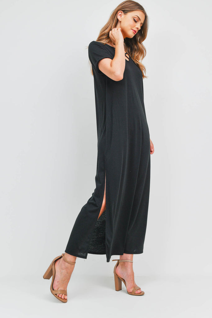 Solid Neck Detail Side Slit Pocket Dress