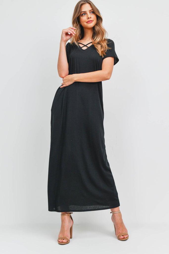 Solid Neck Detail Side Slit Pocket Dress