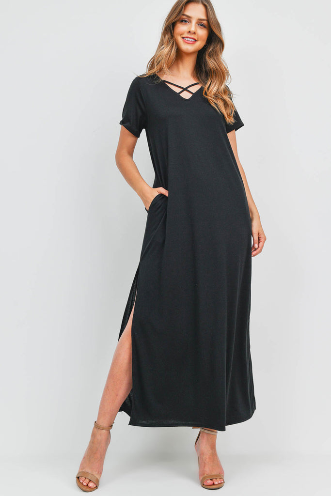 Solid Neck Detail Side Slit Pocket Dress