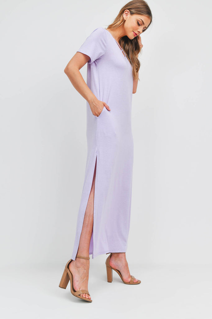 Solid Neck Detail Side Slit Pocket Dress