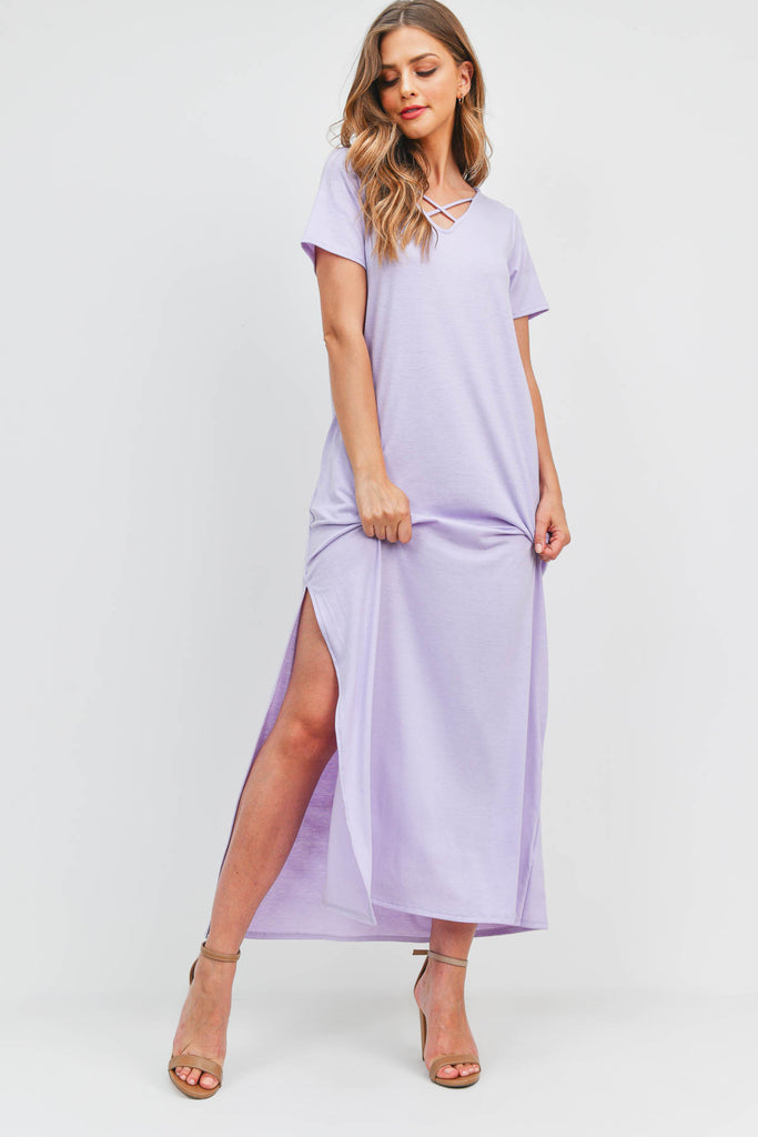 Solid Neck Detail Side Slit Pocket Dress