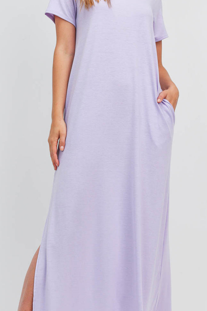 Solid Neck Detail Side Slit Pocket Dress