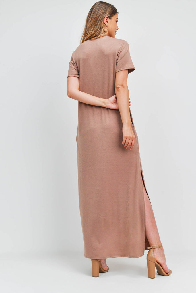 Solid Neck Detail Side Slit Pocket Dress