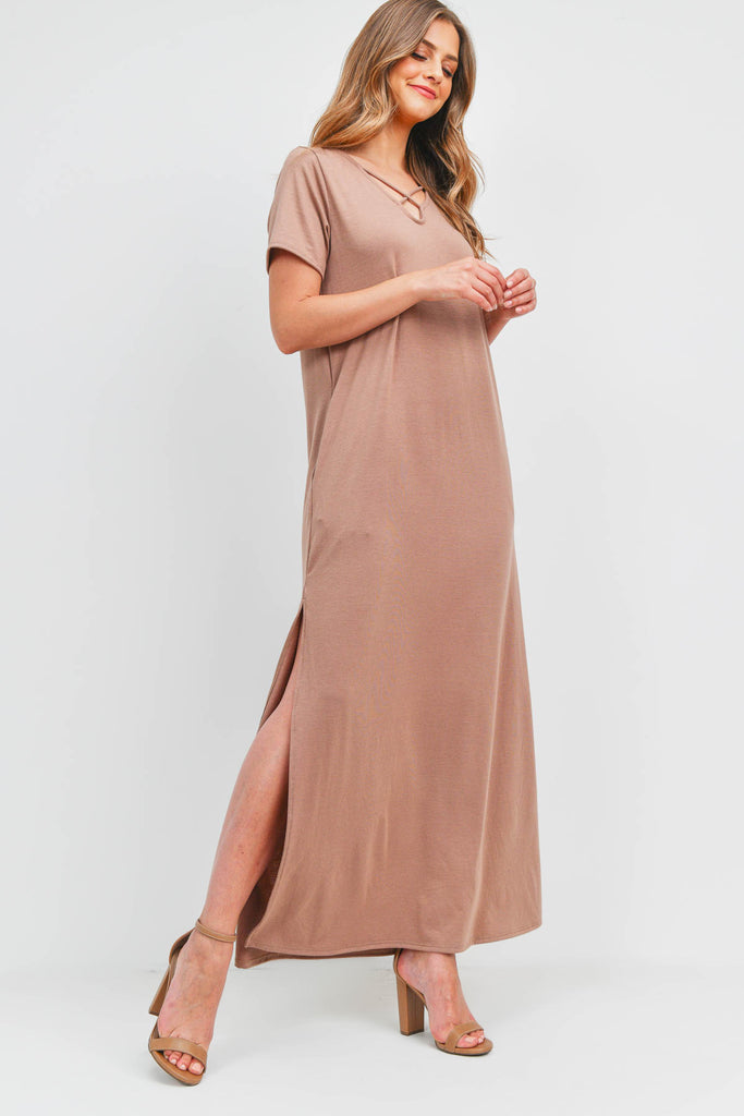 Solid Neck Detail Side Slit Pocket Dress