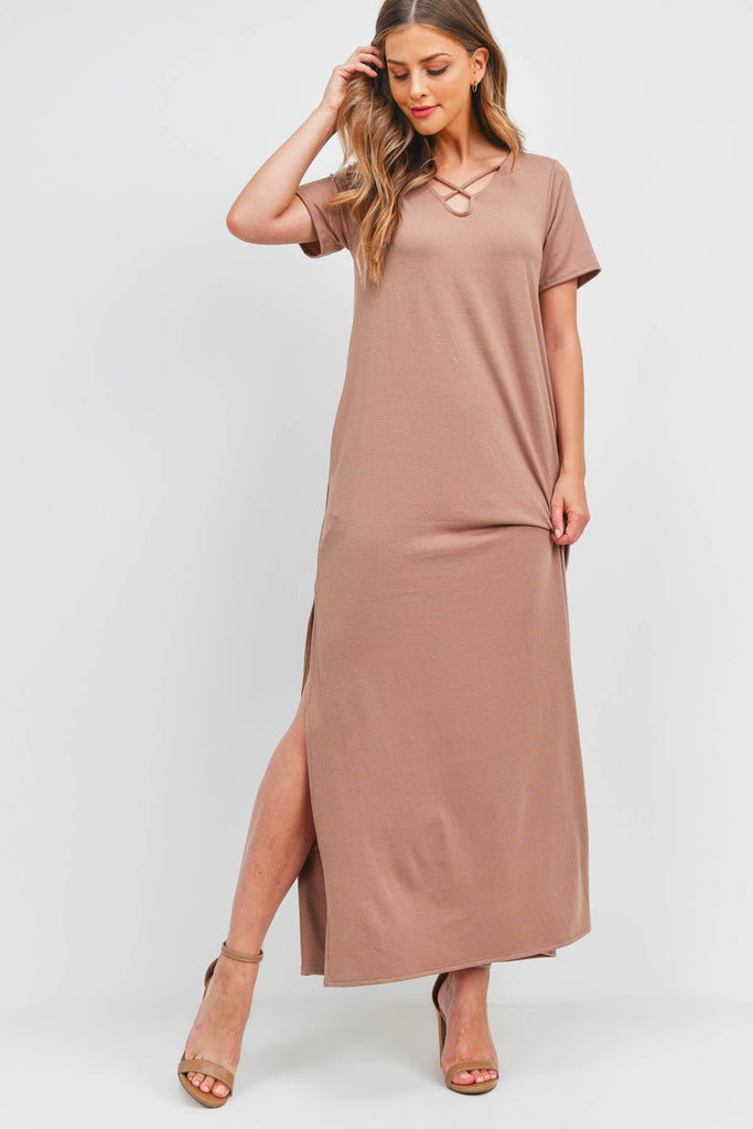 Solid Neck Detail Side Slit Pocket Dress