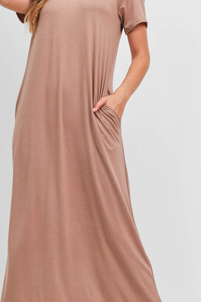 Solid Neck Detail Side Slit Pocket Dress