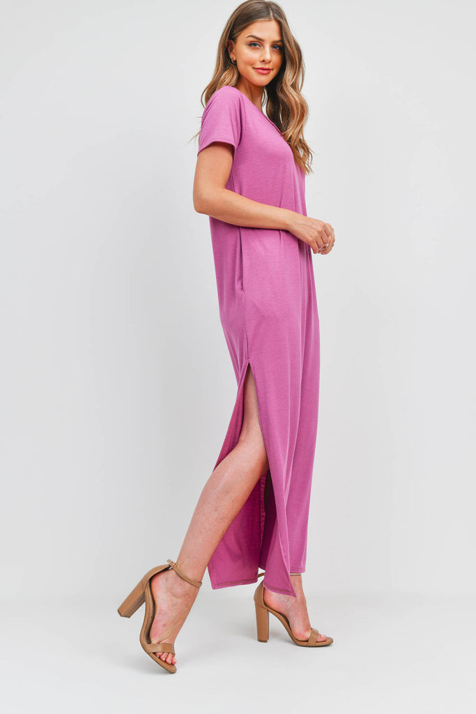 Solid Neck Detail Side Slit Pocket Dress