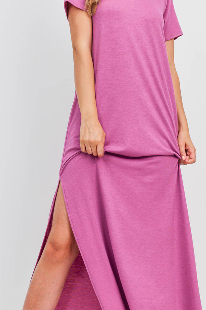 Solid Neck Detail Side Slit Pocket Dress