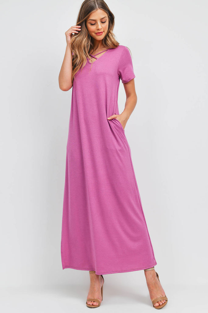 Solid Neck Detail Side Slit Pocket Dress