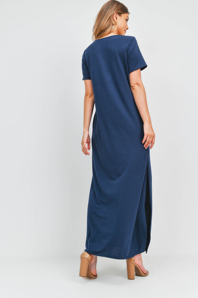 Solid Neck Detail Side Slit Pocket Dress