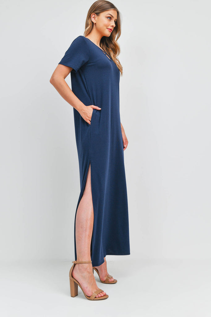 Solid Neck Detail Side Slit Pocket Dress