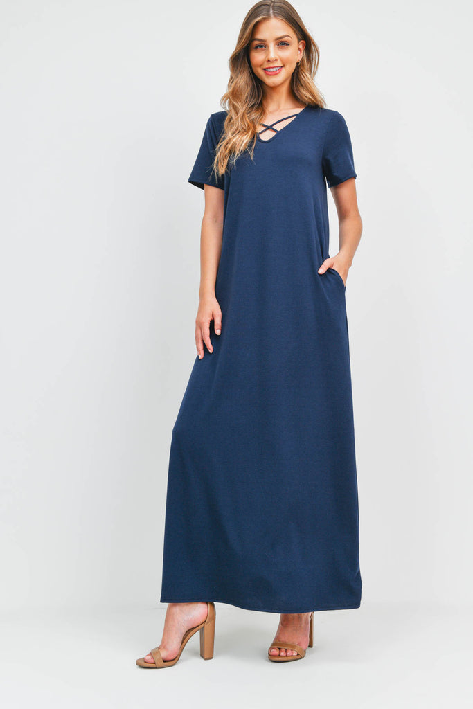 Solid Neck Detail Side Slit Pocket Dress