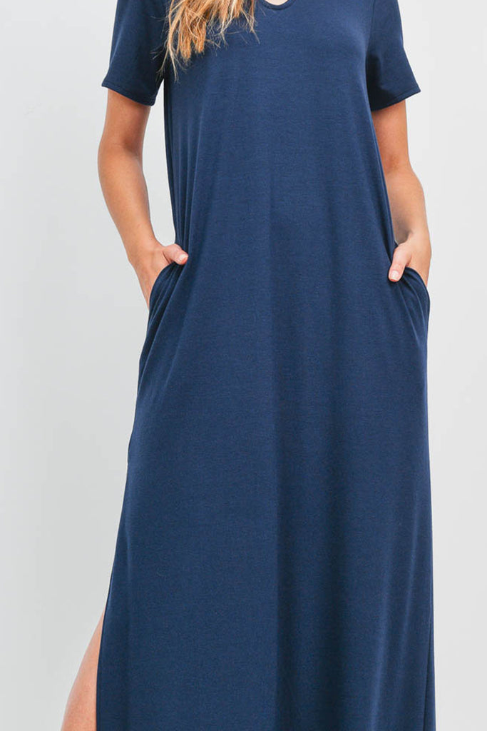 Solid Neck Detail Side Slit Pocket Dress