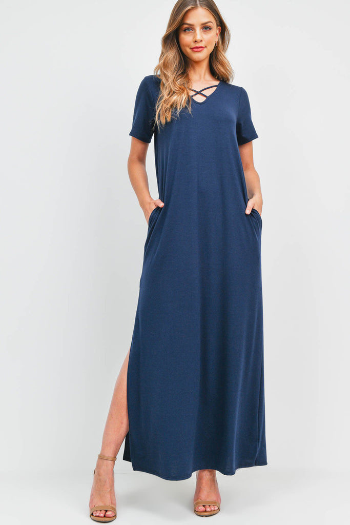 Solid Neck Detail Side Slit Pocket Dress