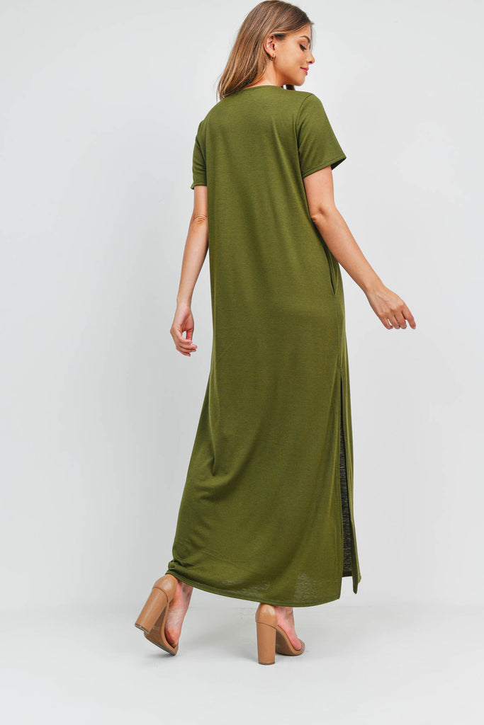 Solid Neck Detail Side Slit Pocket Dress